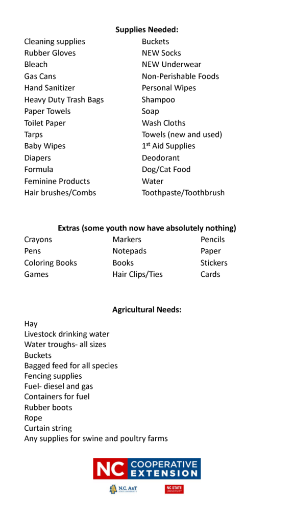 Hurricane Florence Supply Drive flyer page 2 is a list of needed items