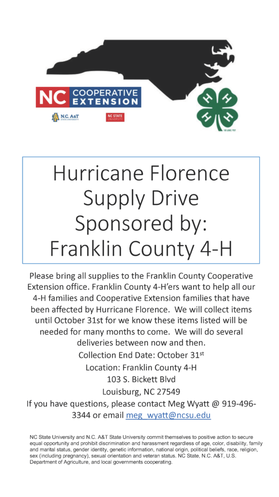 Hurricane Florence Supply Drive flyer with dates and delivery information