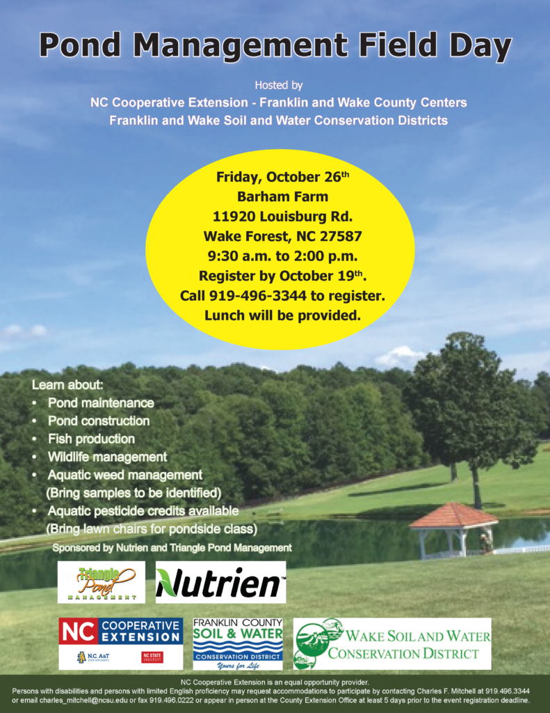 Pond Management Field Day flyer with date, location, registration info. and topics covered.