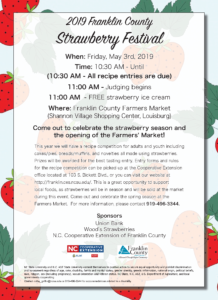 Flyer with a Strawberries in the background promoting a Strawberry Festival with date, time, and location information.