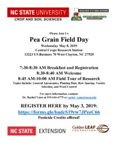 2019 Pea Grain Field Day flyer with date, time, location, topics covered, contact email and phone and registration information.