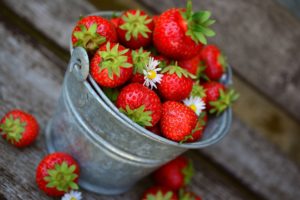 image of a metal bucket of strawberries with a couple of daisies mixed in.