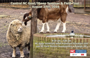 Cover page of agenda for Central NC Sheep and Goat Seminar and Field Tour, with image of a sheep and a goat with event date, location and time listed.