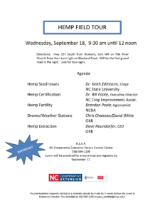 image of Hemp Field tour flyer with date, location, time, registration info and topics/speakers listed.