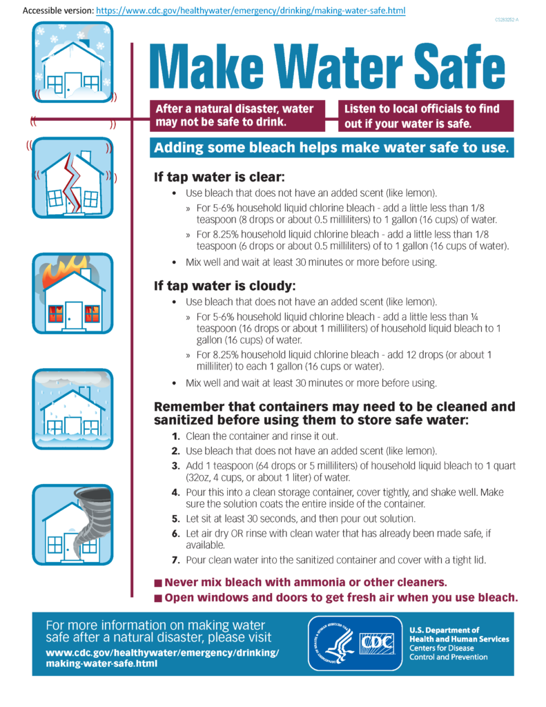 image of an info. sheet with tips on making your water safe to consume after a disaster.