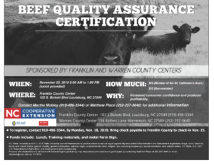 Image of Beef Quality Assurance certification meeting flyer with date, time, cost and location details, picture of 2 cows in a field.