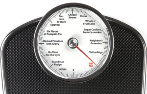 image of a scale with foods that increase weight listed