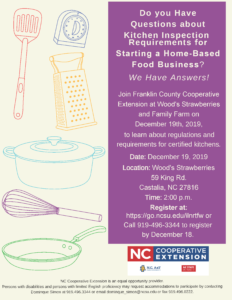 Image of Kitchen inspection presentation flyer with date, time, location info. and kitchen utensils background.