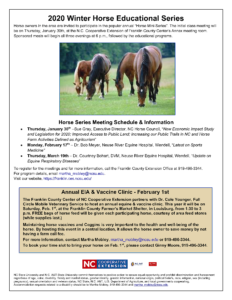 image of 2020 Winter Horse Educational Series and EIA/Vaccination Clinic flyer, including date, time, location and speaker information and picture of horses in a pasture.