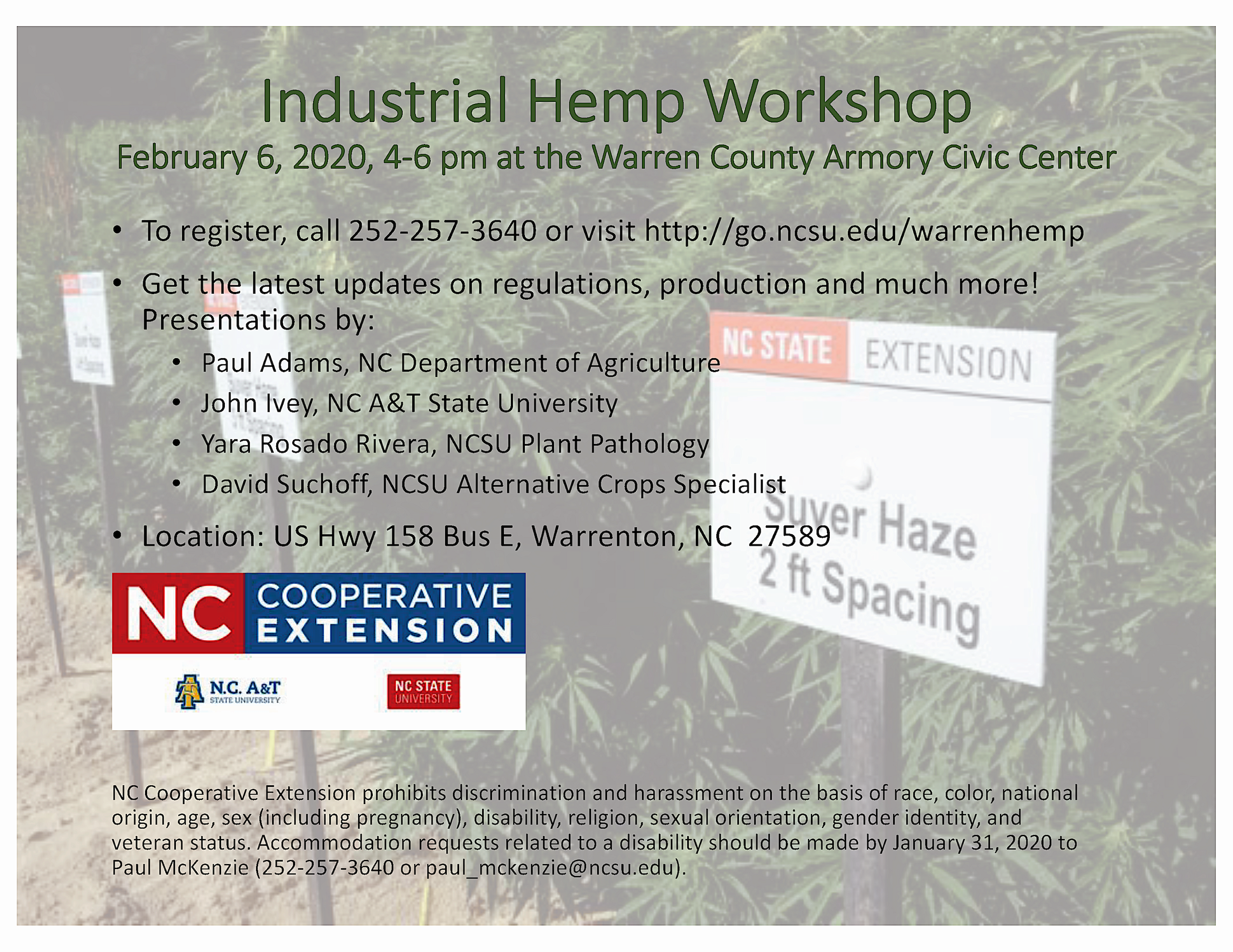 Image of a flyer advertising an Industrial Hemp meeting with speaker, date, time and location infromation.