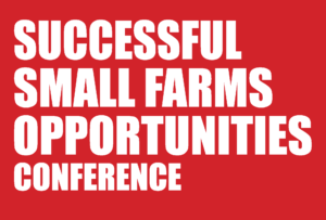 Image of white words "Successful Small Farms Opportunities Conference" on a red background.