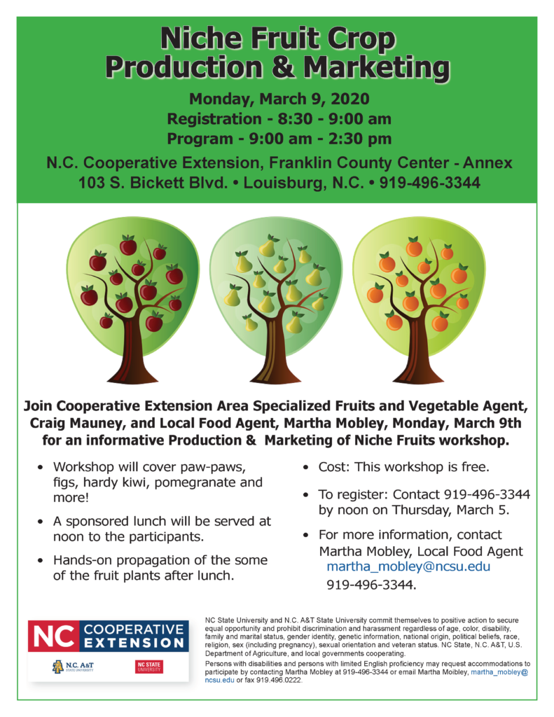 Image of Niche Fruit Production & Marketing Workshop flyer with date, time, place and registration information with image of 3 fruit trees.