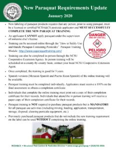 image of paraquat requirements flier including photo of a tractor, and details on accessing paraquat training online, in-person and accommodations for Hispanic version of the training.