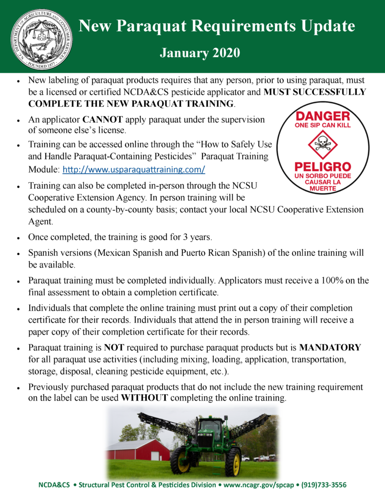 image of paraquat requirements flier including photo of a tractor, and details on accessing paraquat training online, in-person and accommodations for Hispanic version of the training.