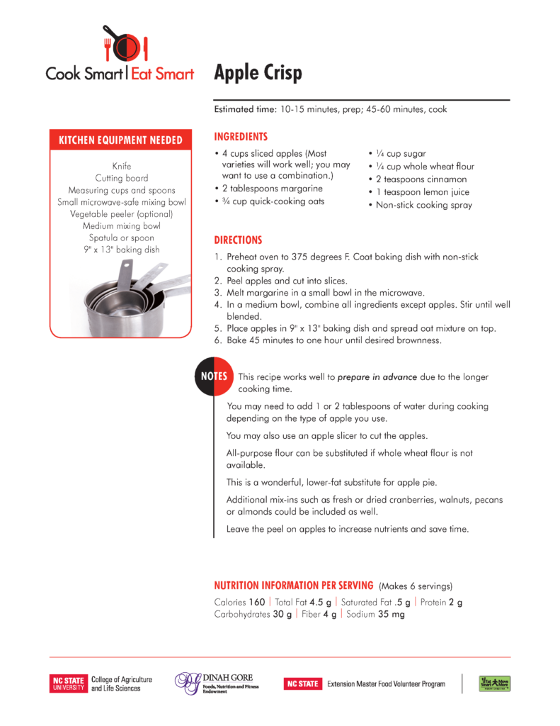 Image of Cook Smart Eat Smart Apple Crisp recipe with ingredients, directions and nutritional info. per serving listed 