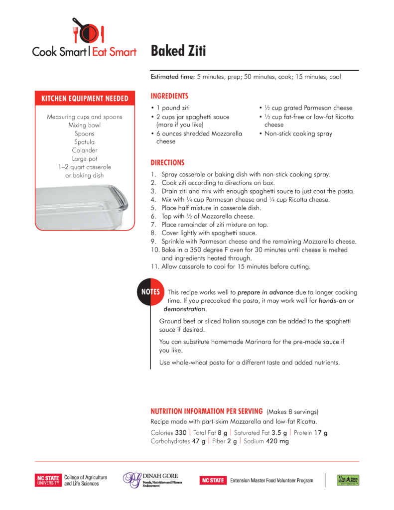 Image of Cook Smart Eat Smart Baked Ziti recipe with ingredients, directions and nutritional info. per serving listed 