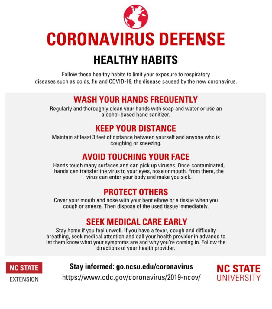 image of Coronavirus defense flyer with a list of healthy habits with listing of ntips to floow to limit your exposure to respiratory diseases such as colds, flu and COVID-19.