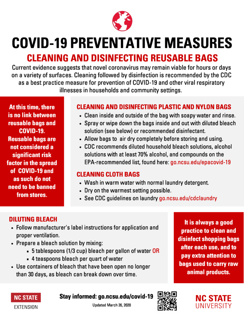 Image of COVID-19 fact sheet with infor. about Cleaning & Disinfecting Reusable Bags 