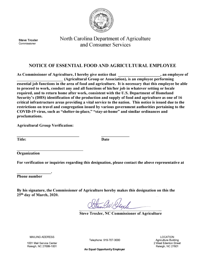 image of page 1 of NC Dept. of Agriculture & Consumer Services work authorization for essential employees.