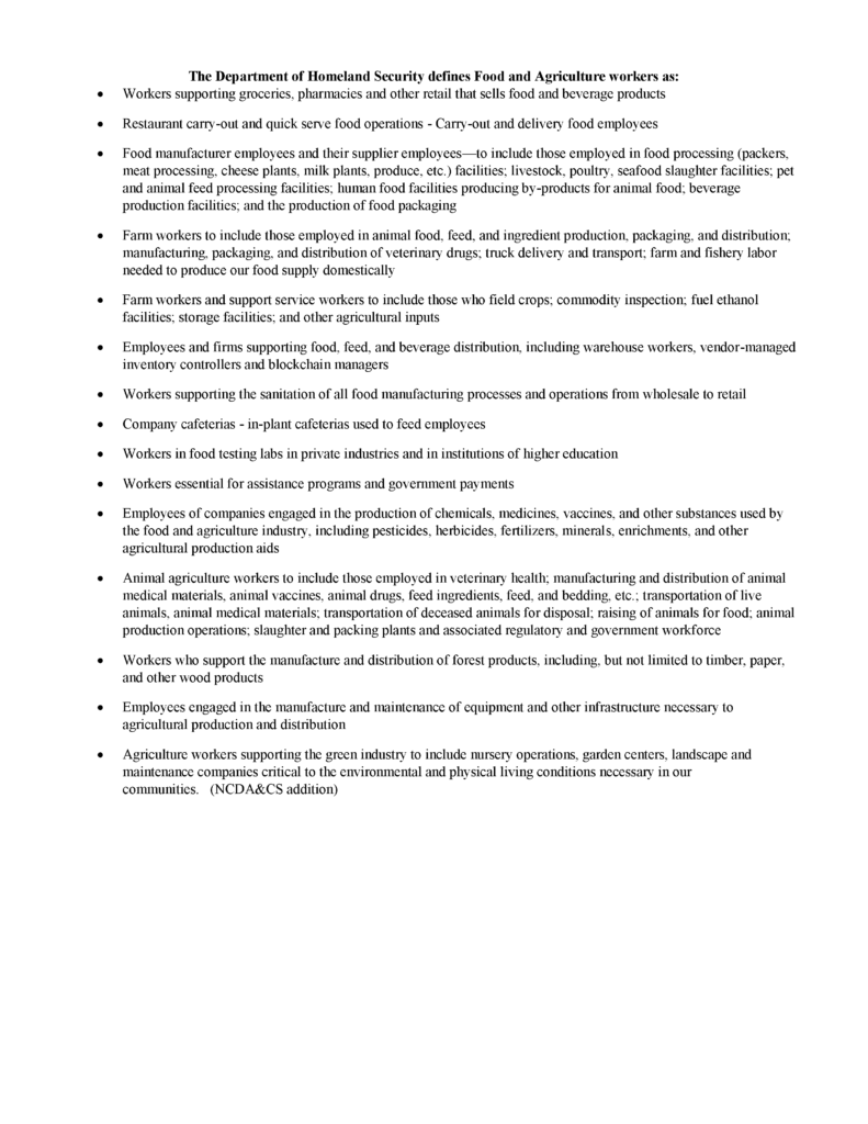 image of page 2 of NC Dept. of Agriculture & Consumer Services work authorization for essential employees.