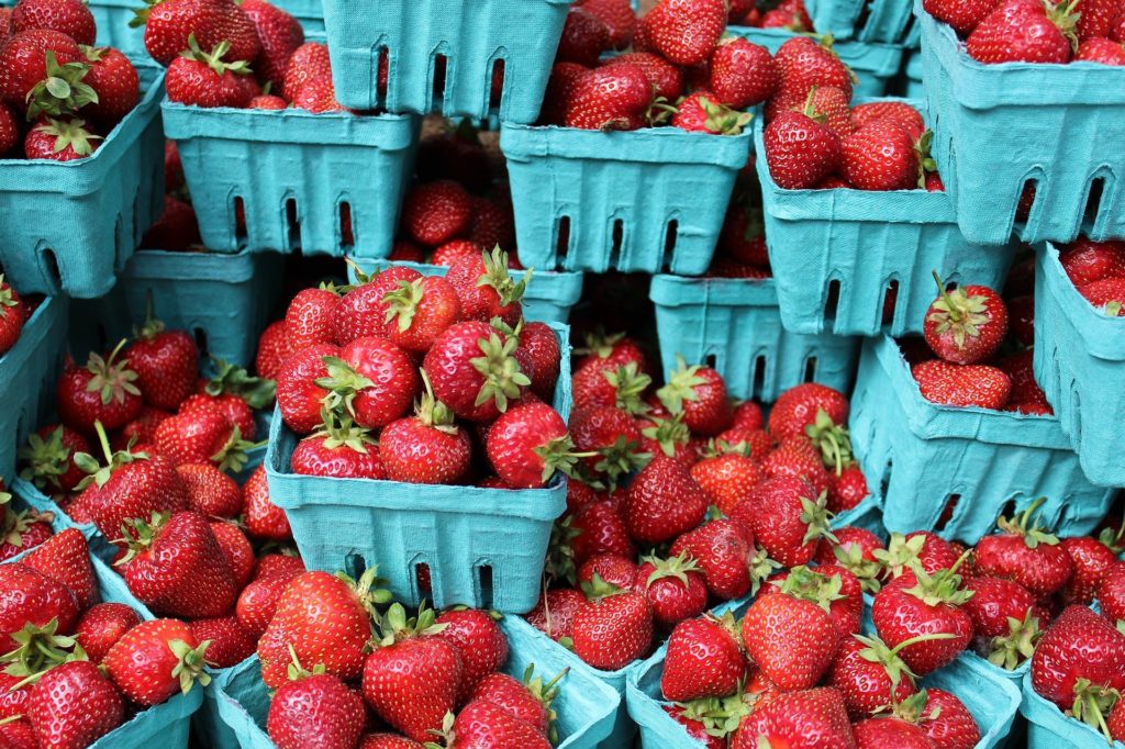 image of dozens ofboxes of fresh red strawberries