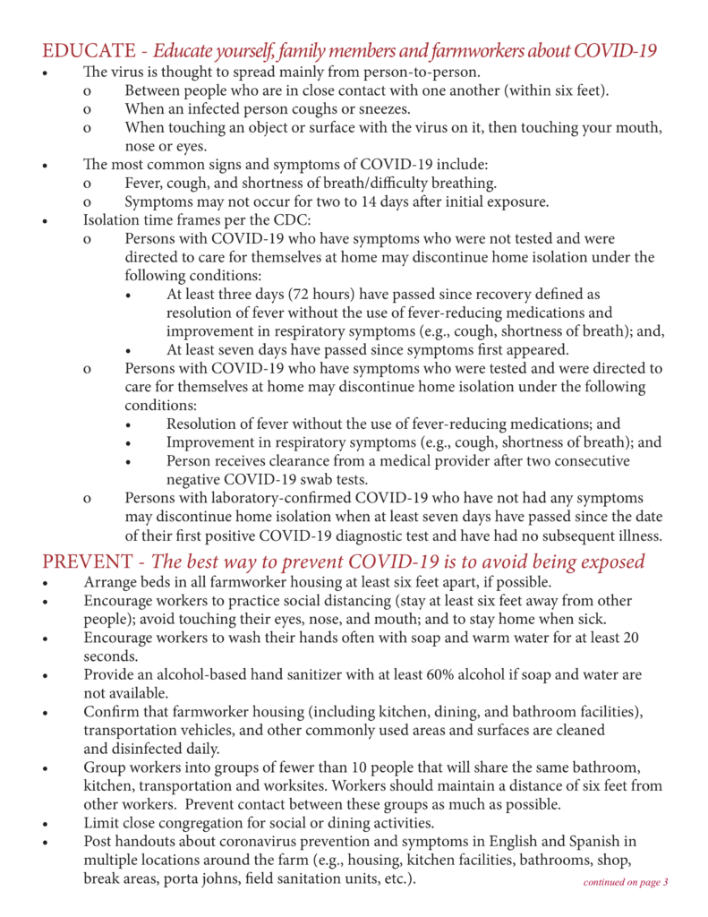 Farmworkers temporary worker housing COVID-19 guidance page 2