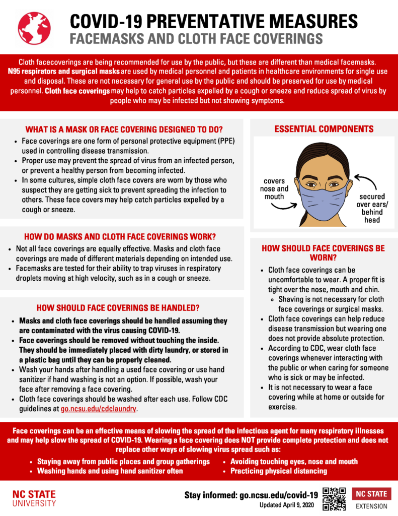 COVID-19 Face mask and face coverings preventative measures fact sheet with recommendations and image of a woman wearing a face mask. 