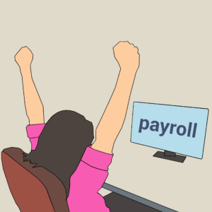 graphic a graphic image of person sitting at a desk in front of a computer screen with the words payroll on the screen.