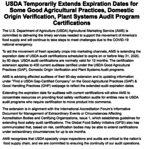 Image of USDA post about USDA Temporarily Extends Expiration Dates for Some Good Agricultural Practices, Domestic Origin Verification, Plant Systems Audit Program Certifications