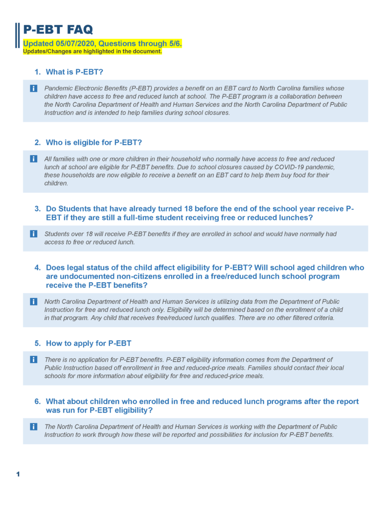 NCDHHS Pandemic Electronic Benefits fact sheet page 1