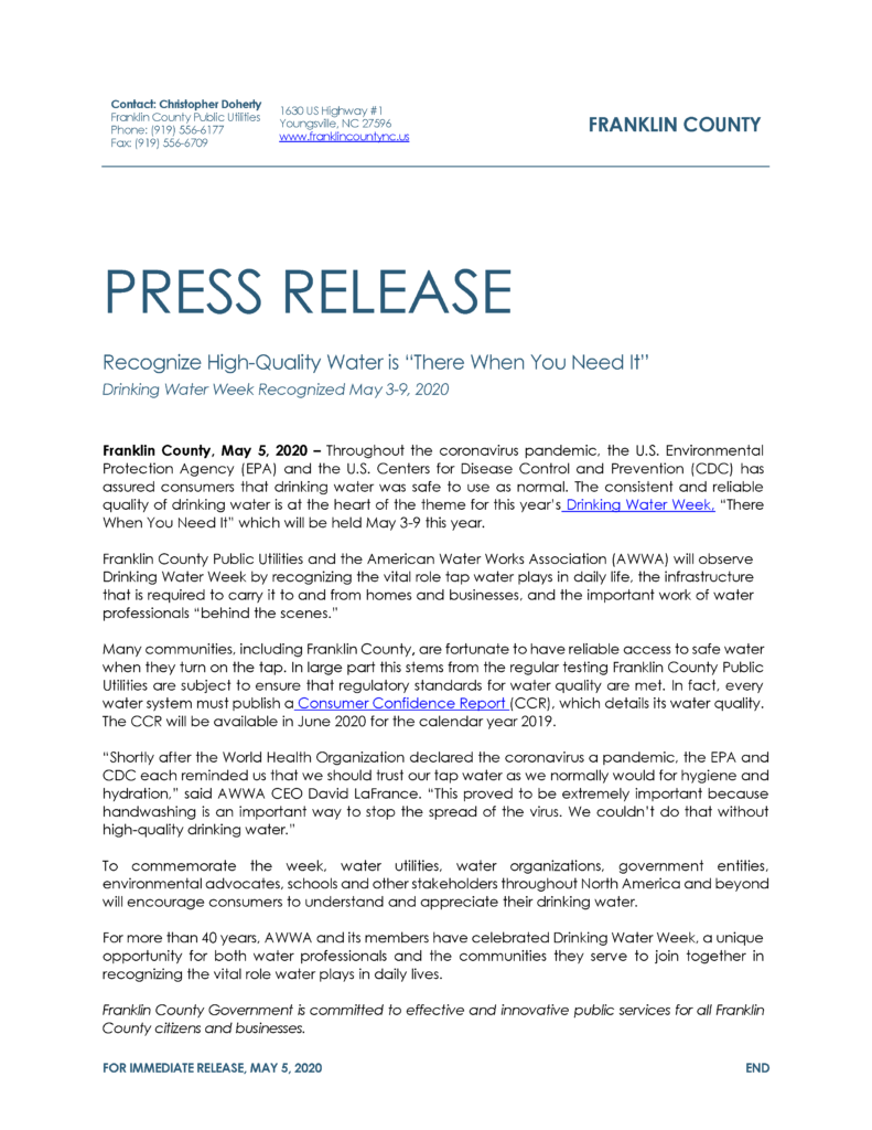 Franklin County Drinking water press release