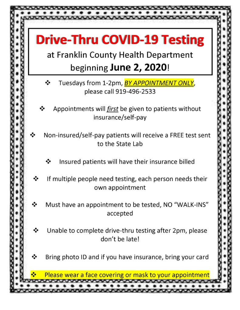 Franklin County Health Department Drive-Thru Testing Flyer