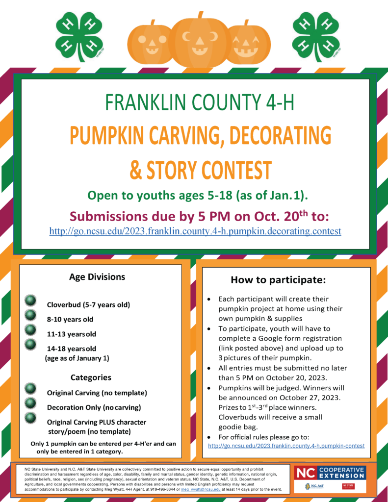 Franklin County 4-H Pumpkin Carving, Decorating & Story Contest Flyer information , submission and rules link