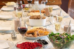 Thanksgiving dinner spread on table