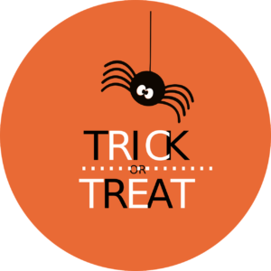 Spider above the words trick or treat on orange circle background