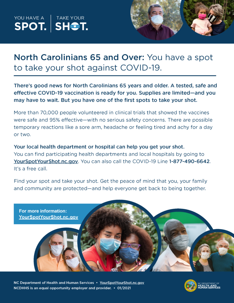 image of NC Dept. of Health & Human Services COVID Vaccine informational flyer for age 65 and up