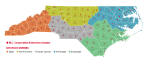 N.C. Cooperative Extension Centers and Districts on state map