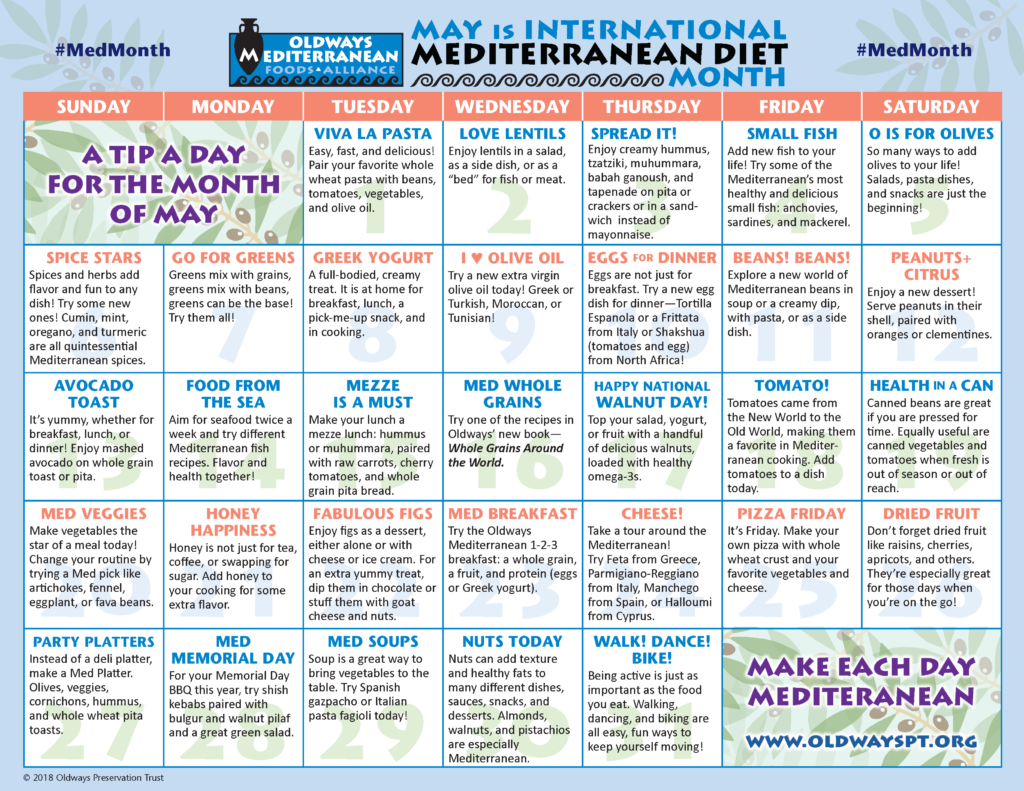 May- Mediterranean Diet Month Calendar