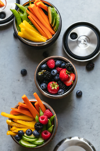 fruits and vegetables in bowls