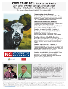 Cow Camp 101 meeting series flyer with dates, times and venue info.