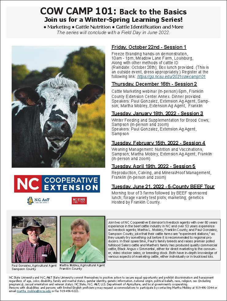 Cow Camp 101: Back to the Basics event flyer with dates, location , timmes.