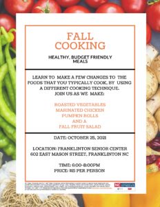 Fall Cooking Class flyer announcing date, time, menu and cost