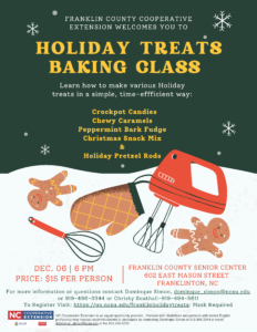 Holiday Treats Baking Class flyer details, date, time, location, cost
