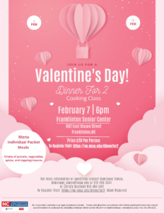 Valentine's Day Dinner For Two Cooking Class flyer information and registration.