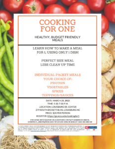 Cooking For One Flyer with date, time location and cost information