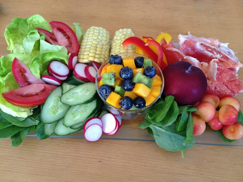 fresh fruits and veggies on a tray