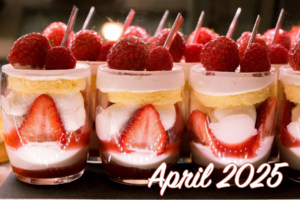 April 2025 on layered strawberry shortcakes with vanilla ice cream parfaits in glasses