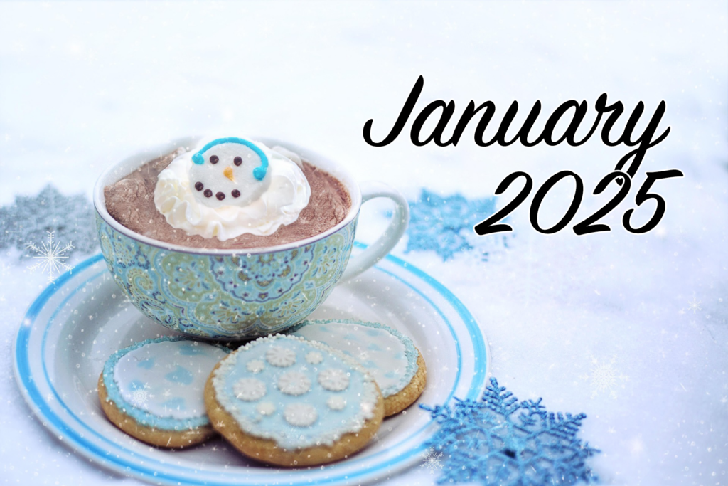 January 2025 round cookies with blue and white icingcookies and hot chocolate on a snowy background Image by Jill Wellington from Pixabay