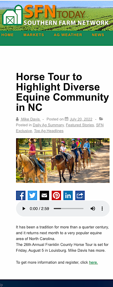SFN Today web post and audio interview link with people horseback riding photo