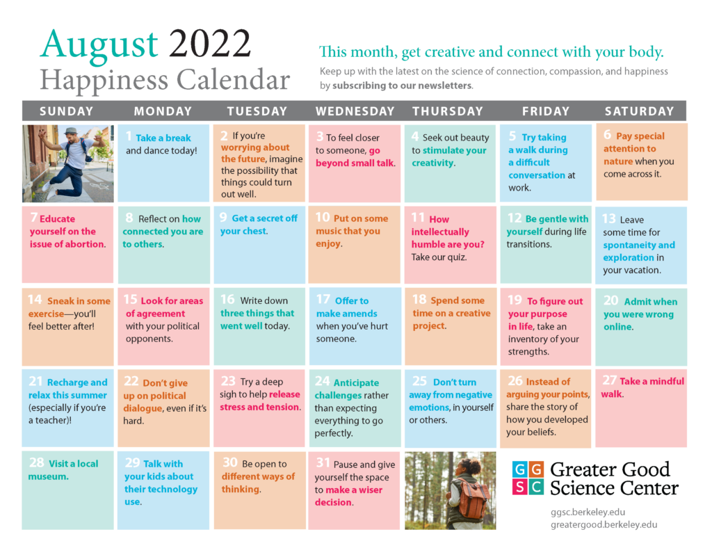 August 2022 Happiness Calendar